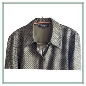 Lafayette 148 Long Sleeve Olive Green Geometric Print Button down Silk Blouse M